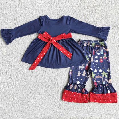 6 A12-17 Girls  Outfits long Sleeves dark blue pant dot bow