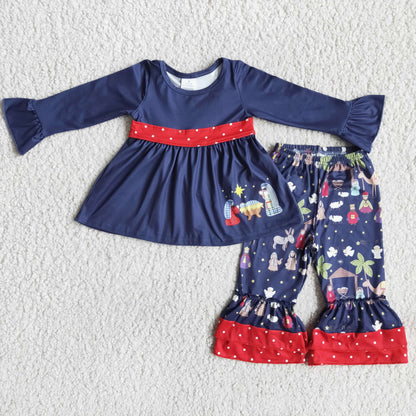 6 A12-17 Girls  Outfits long Sleeves dark blue pant dot bow