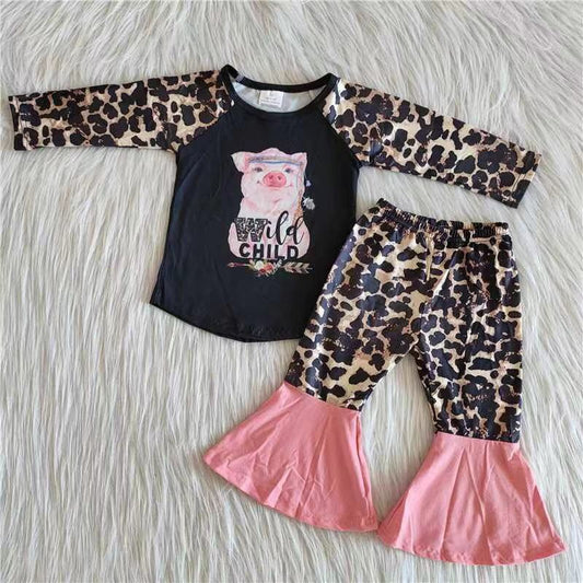 Girls Pig Outfits Long Sleeves Bell Bottom Pants