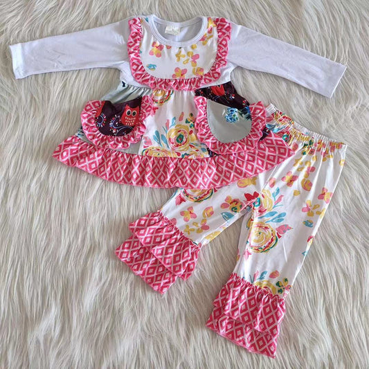 Girls Floral Outfits Pink Long Sleeves Pocket