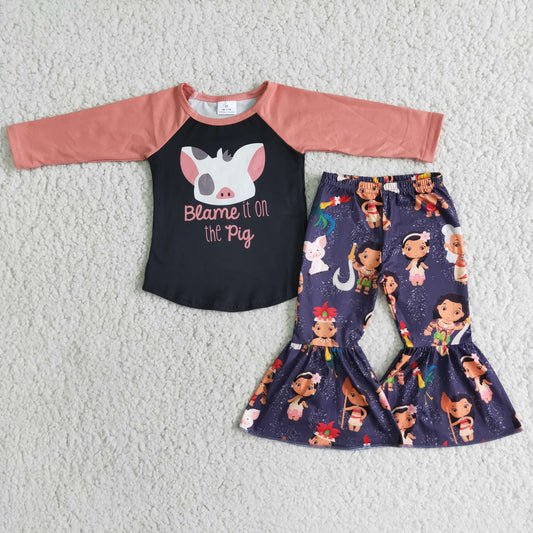 Girls Pig Outfits Long Sleeves Bell Bottom Pants