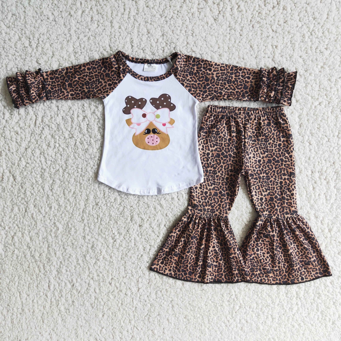 6 C8-31 Baby Girls pig bow Outfits Long Sleeves Leopard Bell Bottom Pants Clothing