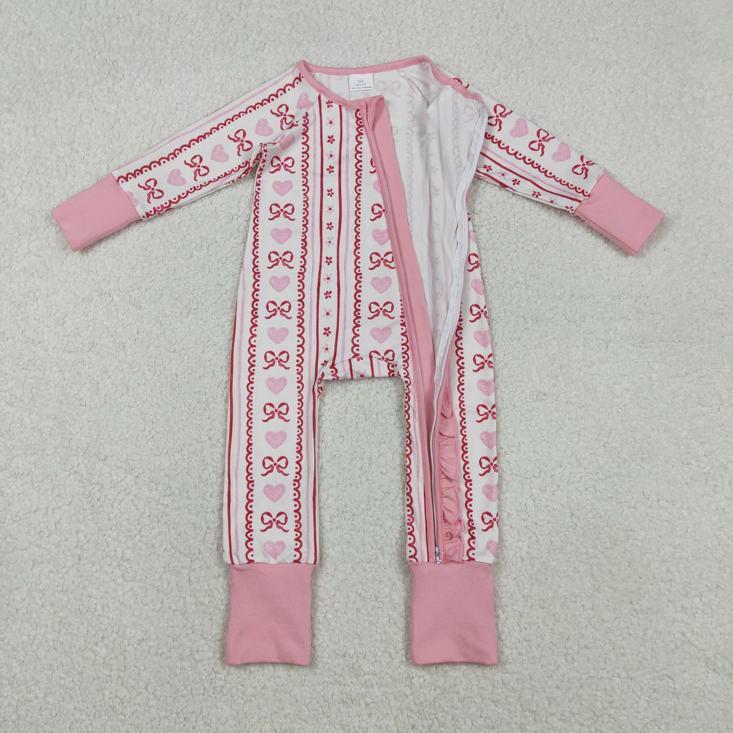LR2781 baby girls stripe pink red bow zipper long sleeves romper