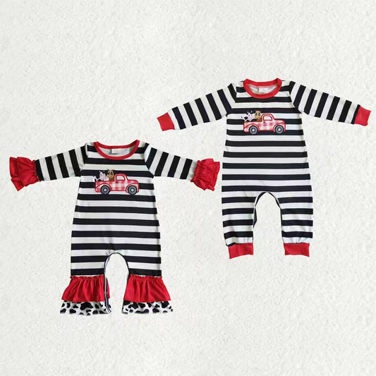 Matching Baby newborns tractor stripe romper embroidery