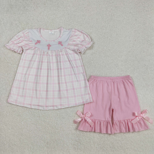 GSSO1855 girls pink puff sleeve crosing bow shorts outfits embroidery