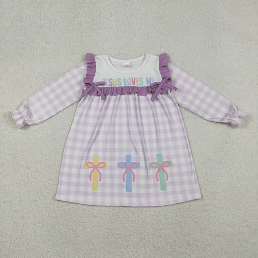 GLD1356  Baby Girls JESUS LOVES ME purple checkered long sleeve dress