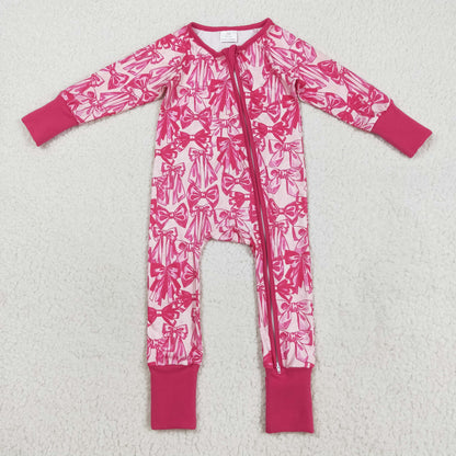 LR2365 baby girls pink rose bow zipper romper