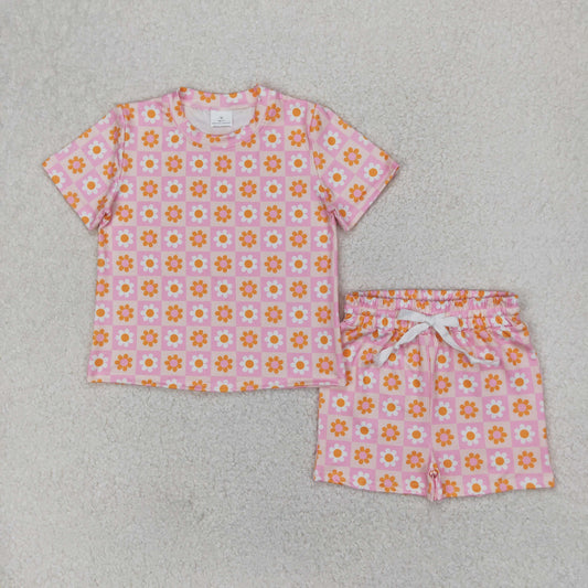 GSSO2425 baby girls short sleeve checkered flower shorts outfits