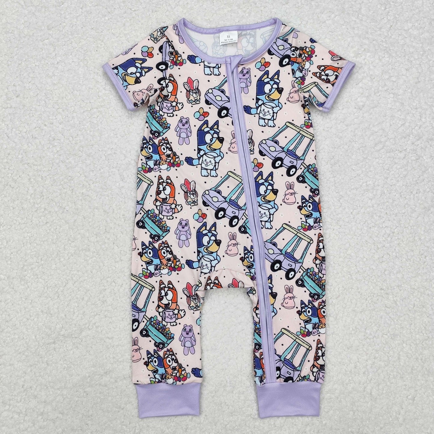 SR2095 Baby Easter cartoon dog car purple zipper romper