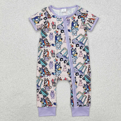 SR2095 Baby Easter cartoon dog car purple zipper romper