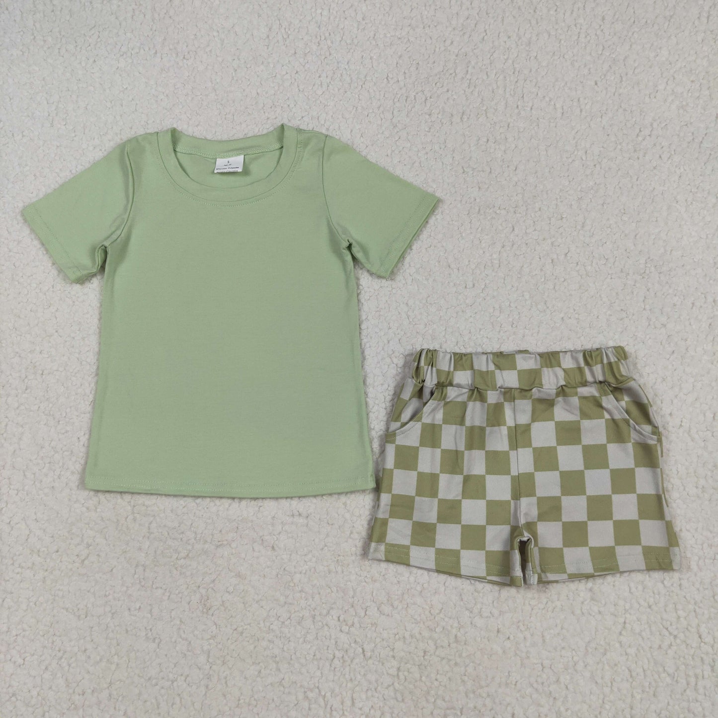 BSSO1470 Boy green short sleeve checkered shorts outfits