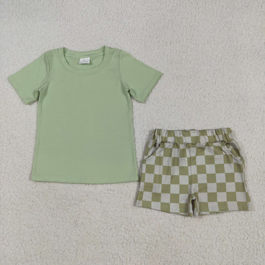 BSSO1470 Boy green short sleeve checkered shorts outfits