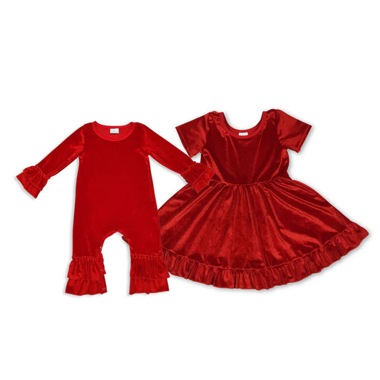 Matching Baby girls Christmas red velvet short Sleeve dress & rompers