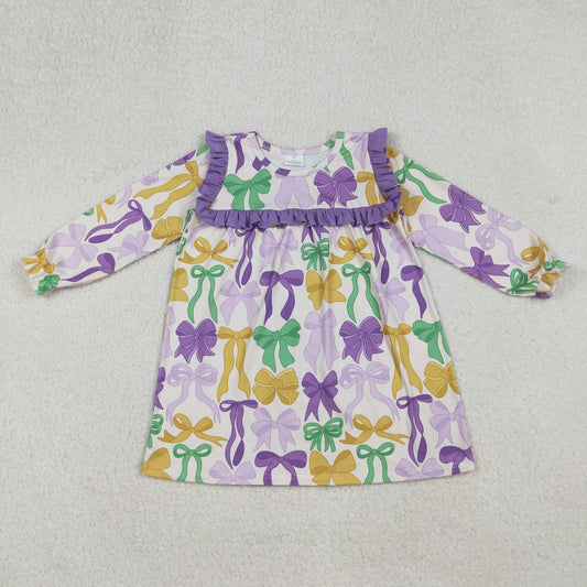 GLD1295 girls Mardi Gras long sleeve bow purple floral Dress
