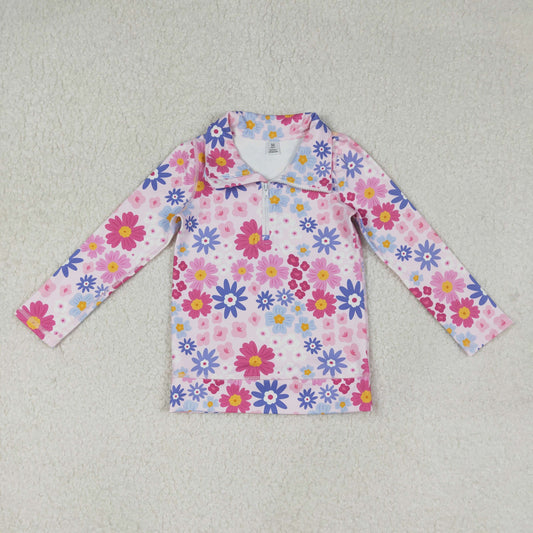 GT1373 baby girls flower long sleeve zipper pullover top