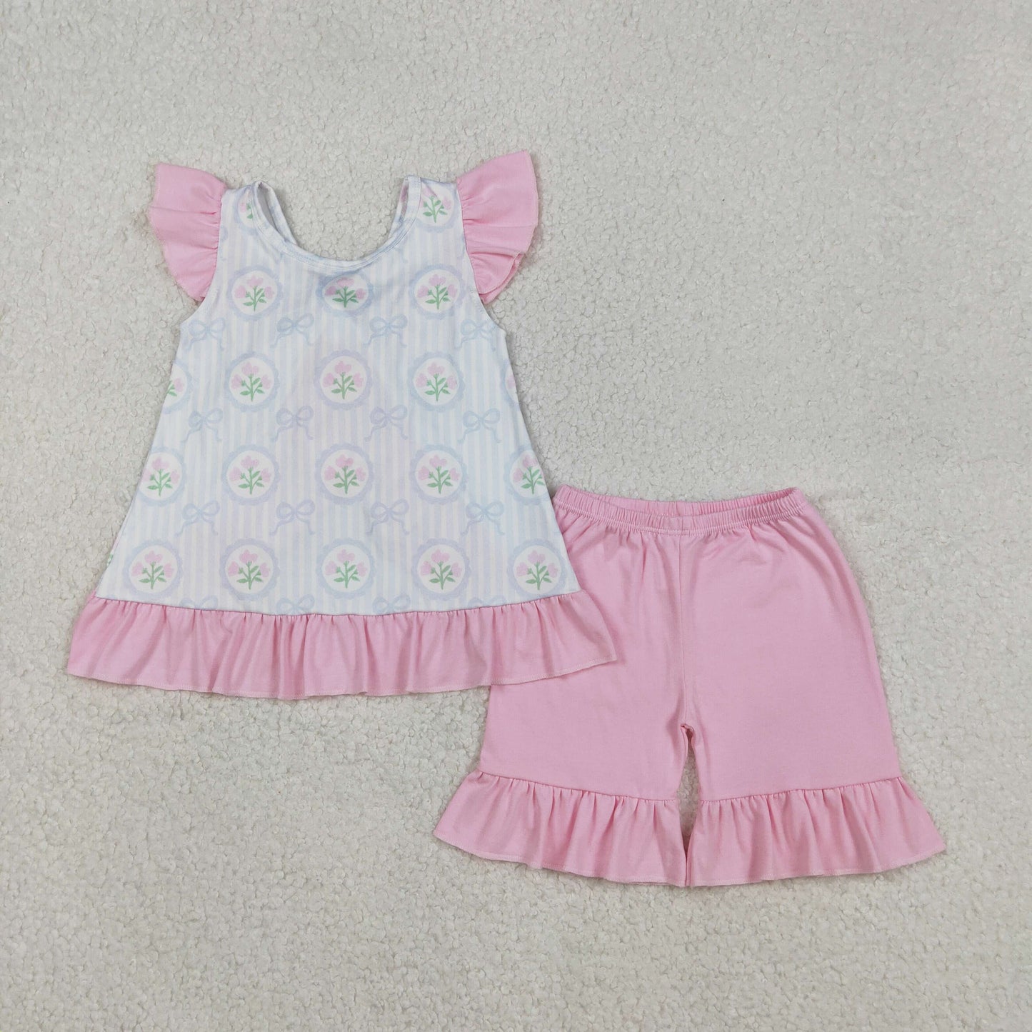 GSSO2732 baby girls flying sleeves blue bow pink short outfits