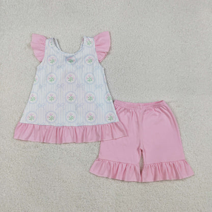 GSSO2732 baby girls flying sleeves blue bow pink short outfits