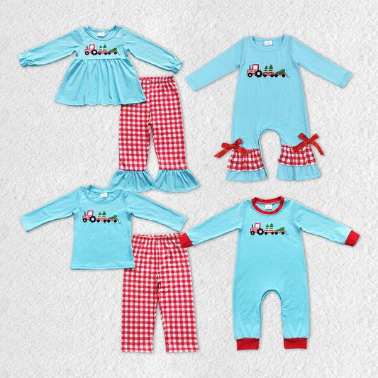 Matching Baby girls boys Christmas blue red romper outfits clothing embroidery
