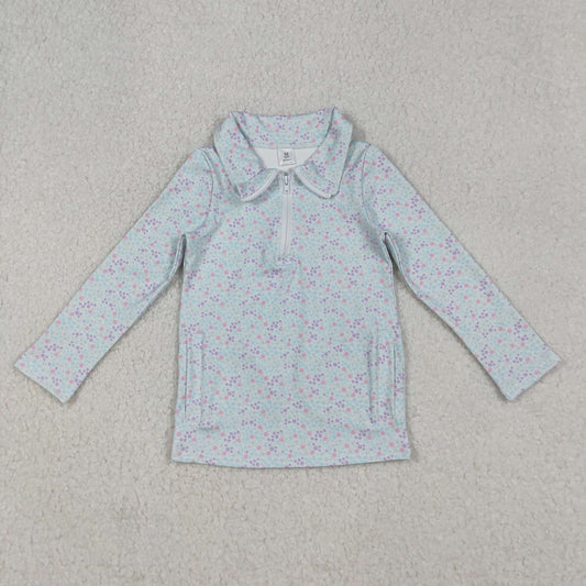GT1182 baby girls flower blue zipper top yoga