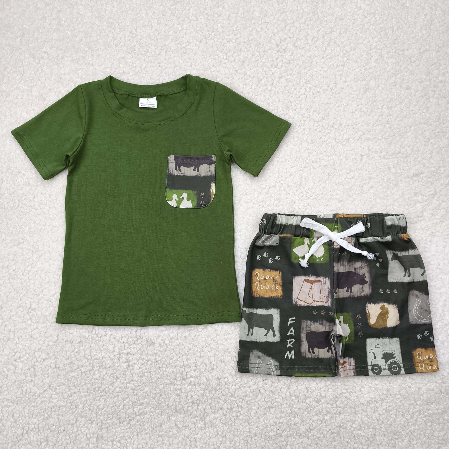 BSSO1390 Boys green short sleeve pocket trator shorts outfits