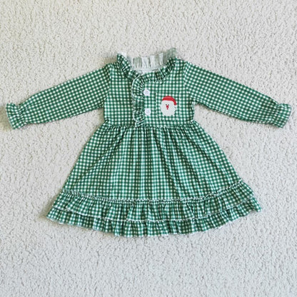 Matching Baby girls boys Christmas santa green checkered clothing embroidery