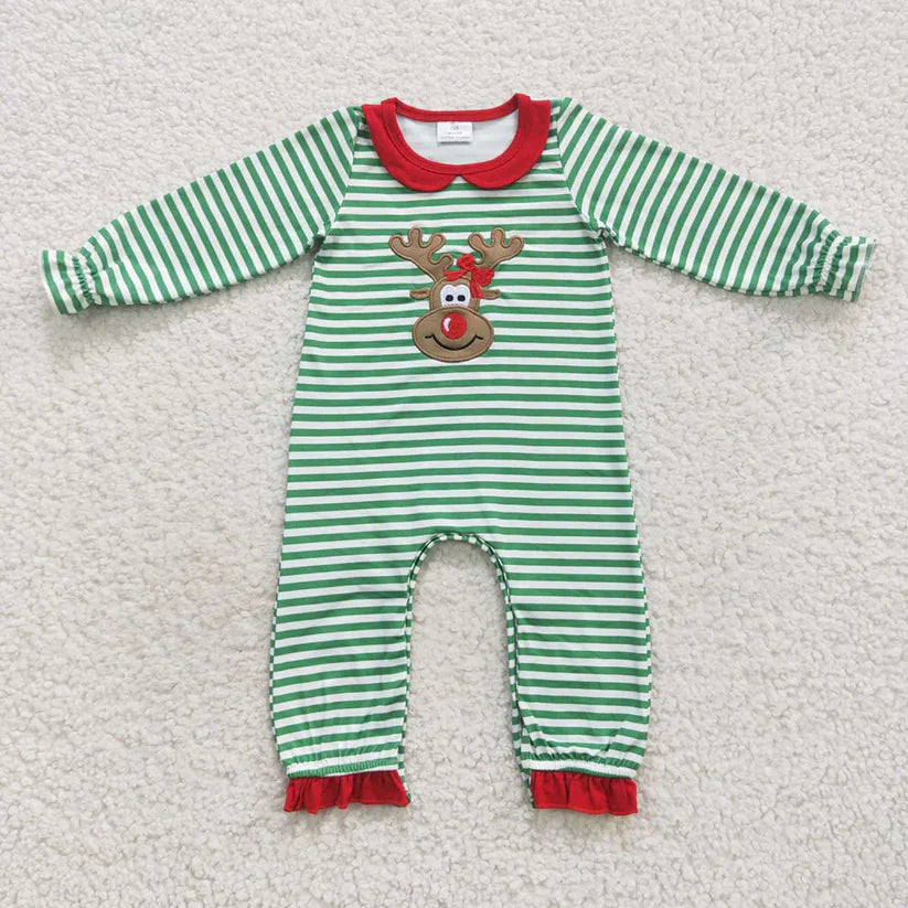 Matching Baby girls boys Christmas deer green stripe romper outfits long sleeves embroidery