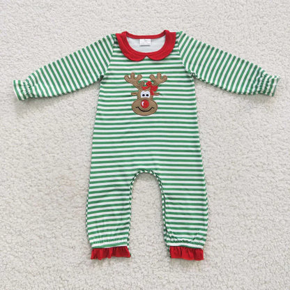 Matching Baby girls boys Christmas deer green stripe romper outfits long sleeves embroidery