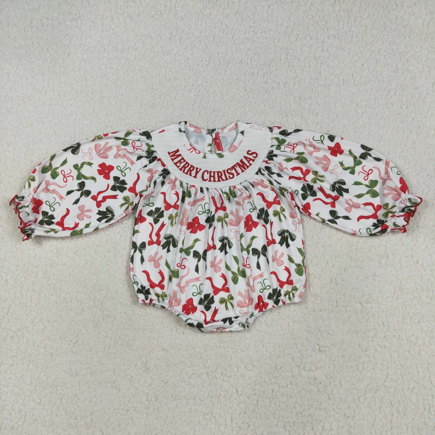 LR2276 baby girls MERRY Christmas green red bow romper smocked