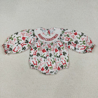 LR2276 baby girls MERRY Christmas green red bow romper smocked