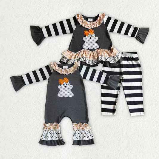 Matching Baby girls Halloween ghost stripe outfits clothing embroidery