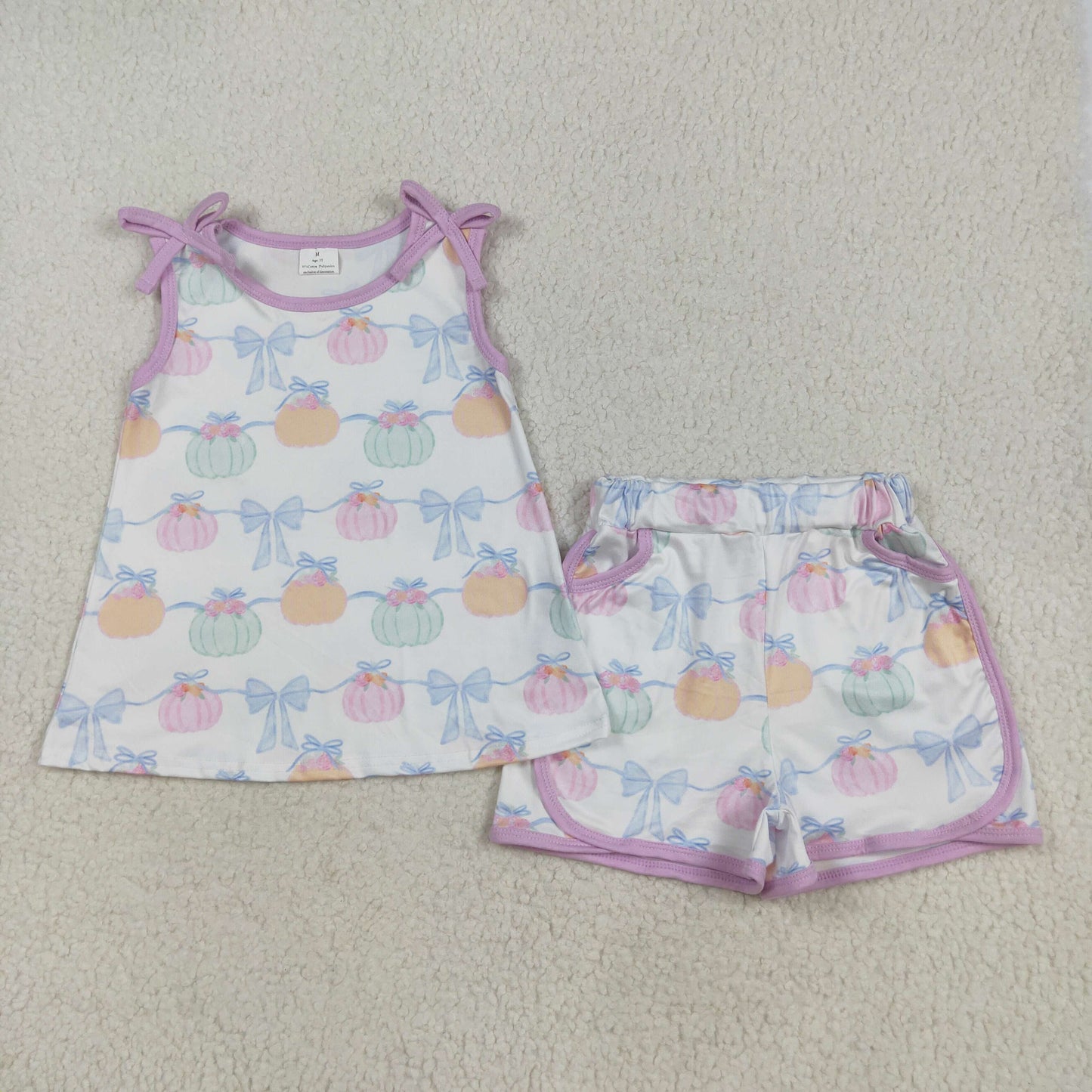 GSSO2668 baby girls pink sleeveless orange blue pumpkin bow shorts outfits