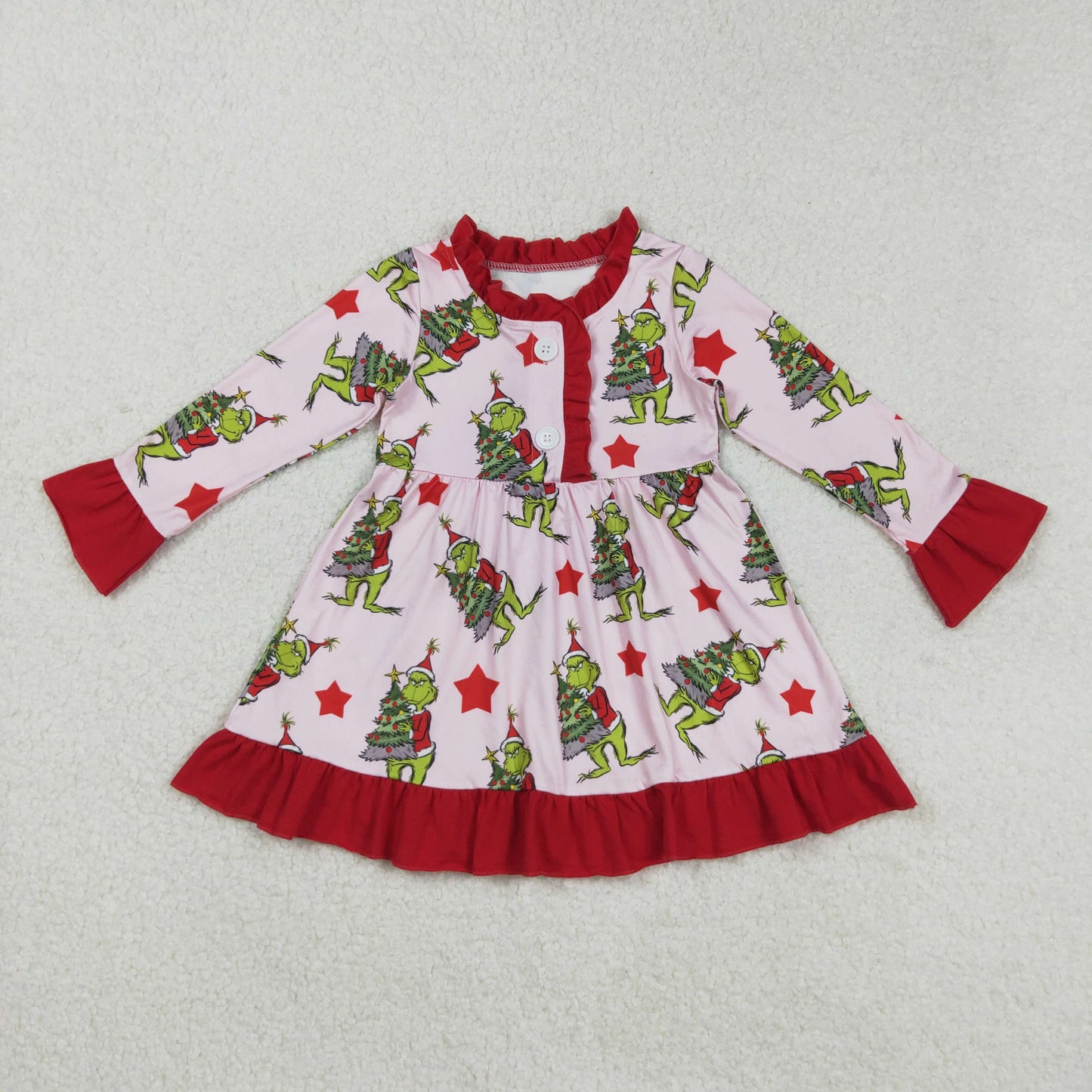 GLD1236 girls Christmas tree red floral button Dress