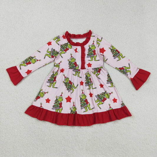 GLD1236 girls Christmas tree red floral button Dress