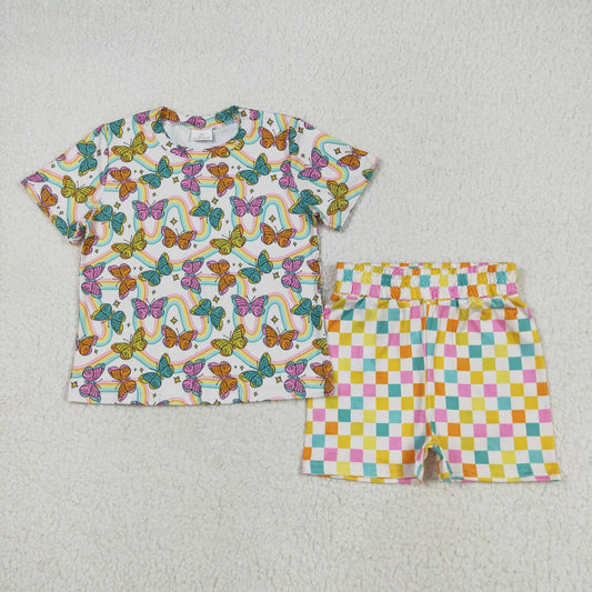 GSSO2615 baby girls short sleeve colorful butterfly checkeredshorts outfits
