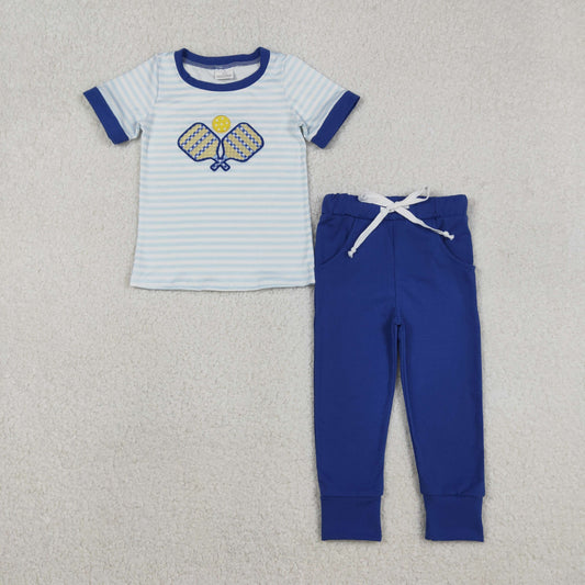 BSPO0614 toddler boys Table tennis blue stripe short sleeves outfits embroidery
