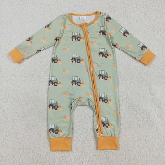LR2335 Baby Boys tractor green orange zipper long sleeve romper