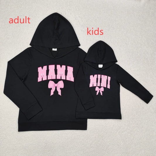 Family Matching mama mini pink bow black hooded long sleeve top vinyl