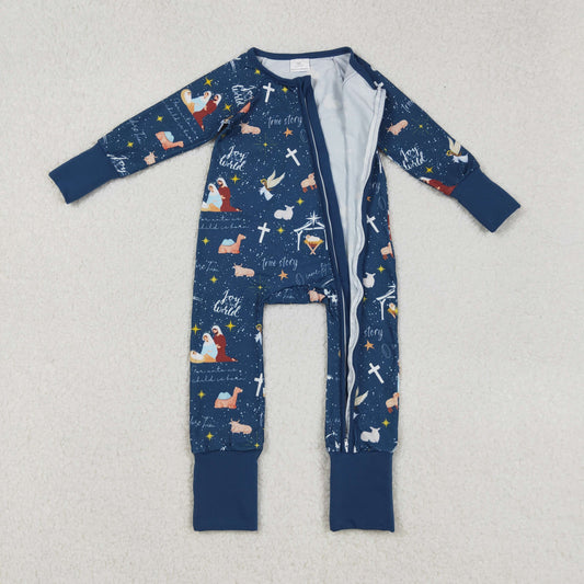 LR2504 baby girls Easter Christmas Eve navy zipper romper