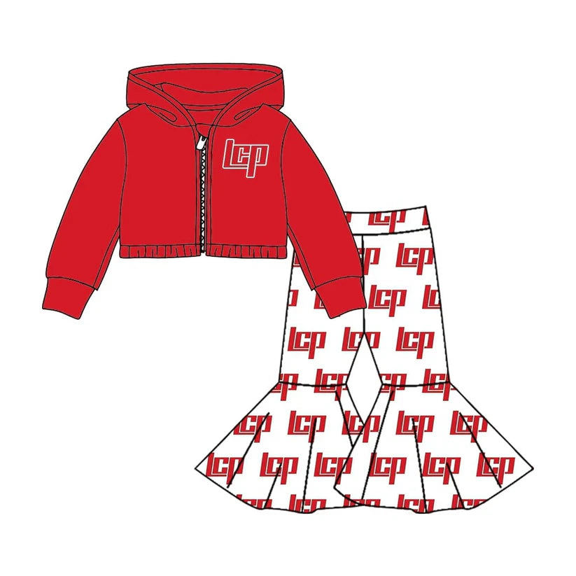 MOQ 3 Custom design baby Girls LCP red zipper Outfits kids team clothing