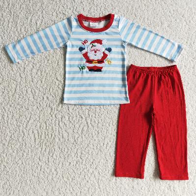 Matching Baby girls boys Christmas Santa blue stripe romper outfits long sleeves embroidery