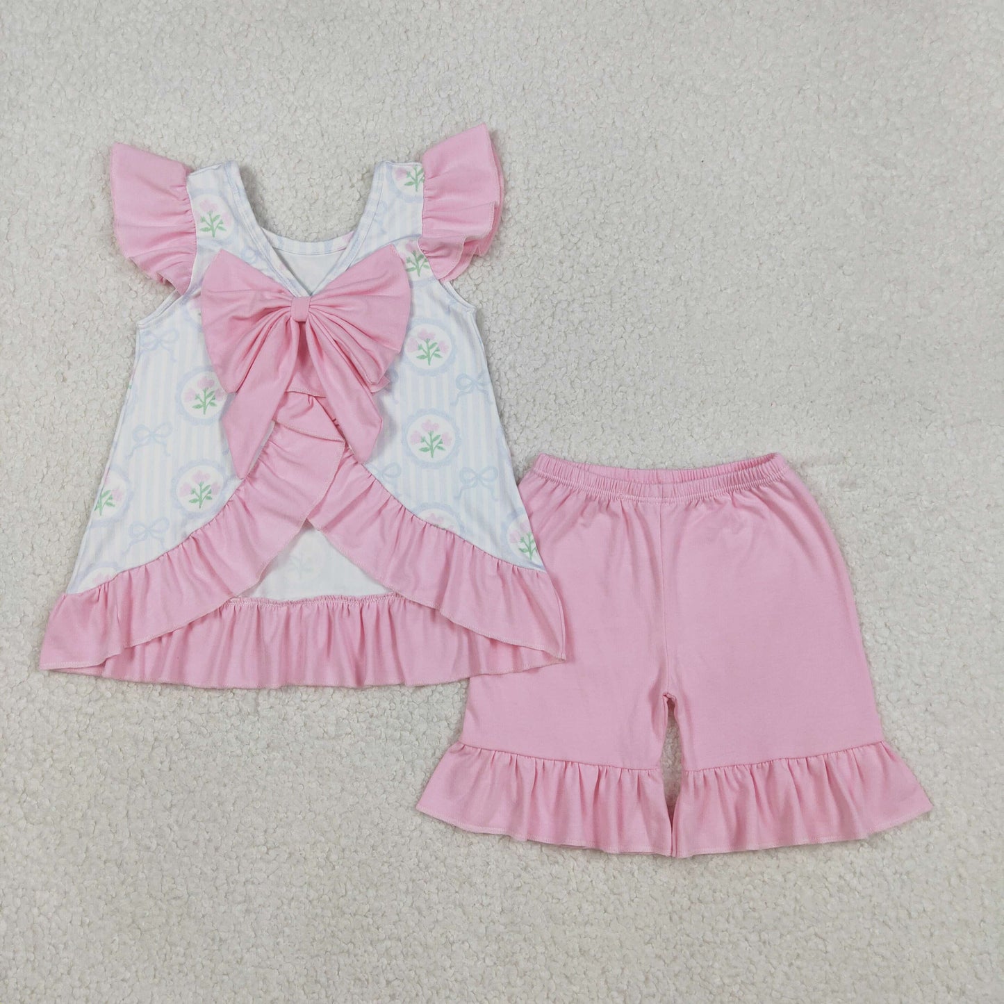 GSSO2732 baby girls flying sleeves blue bow pink short outfits