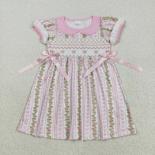 GSD2717 girls pink flower stripe bow Dress embroidery
