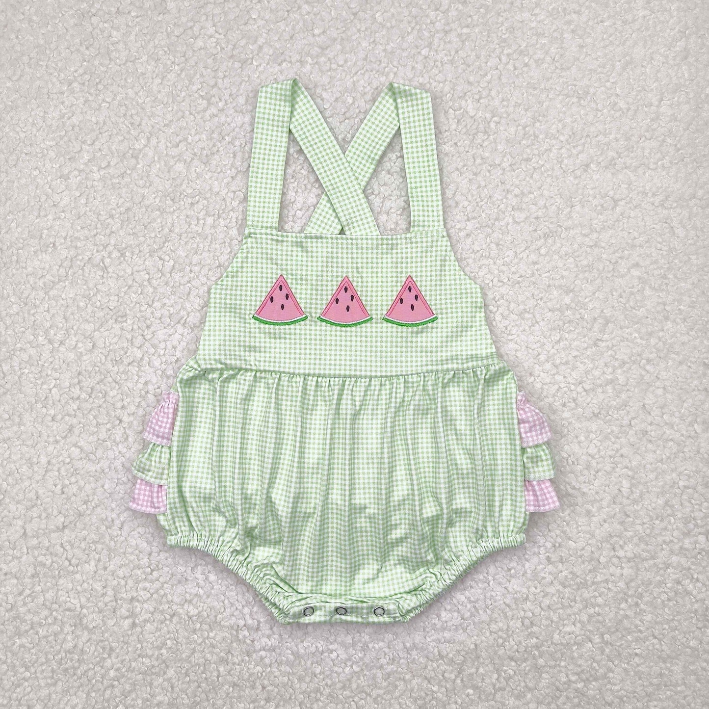 SR2764 Baby girlspink flying sleeve watermelon green romper embroidery