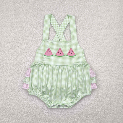 SR2764 Baby girlspink flying sleeve watermelon green romper embroidery
