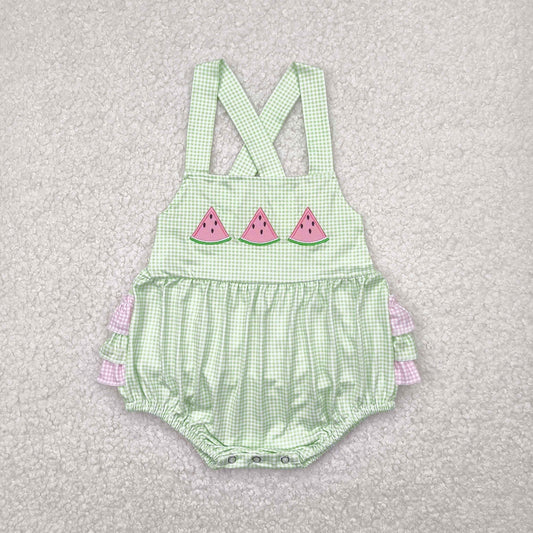 SR2764 Baby girlspink flying sleeve watermelon green romper embroidery