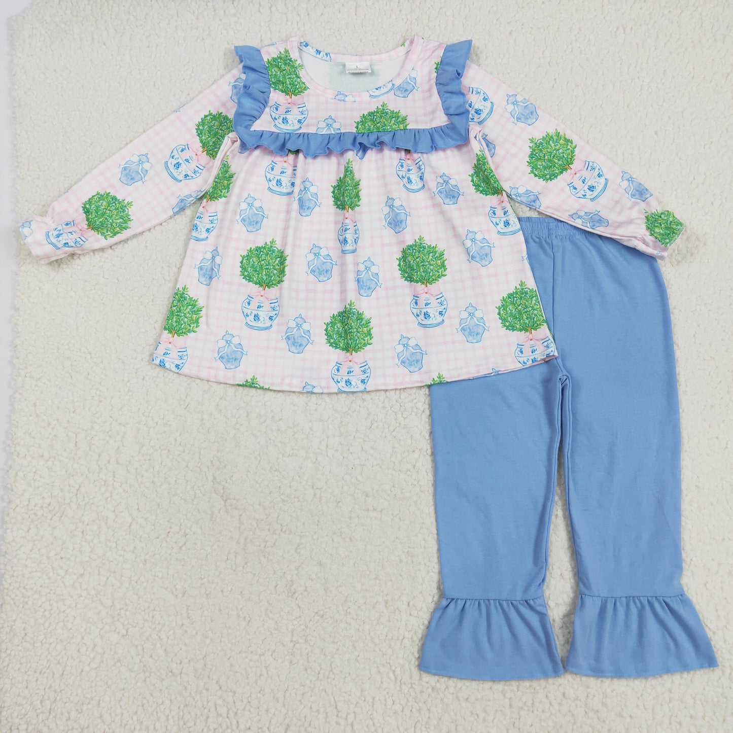 GLP2396 baby Girls green tree floral blue pant outfits