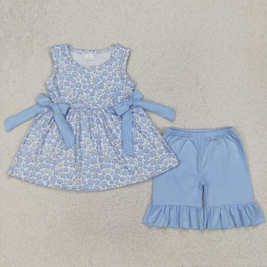 GSSO2204 baby girls blue sleeveless bow shorts outfits