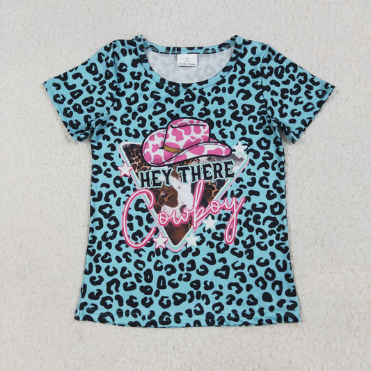 GT0934 Girls cyan leopard COWBOY short sleeve T-shirt top