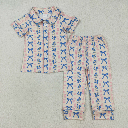 GSPO2050 baby girls blue bow flower red wave pajamas