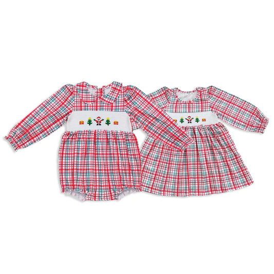 Matching Baby girls Christmas red checkered long sleeve dress romper clothing smocked